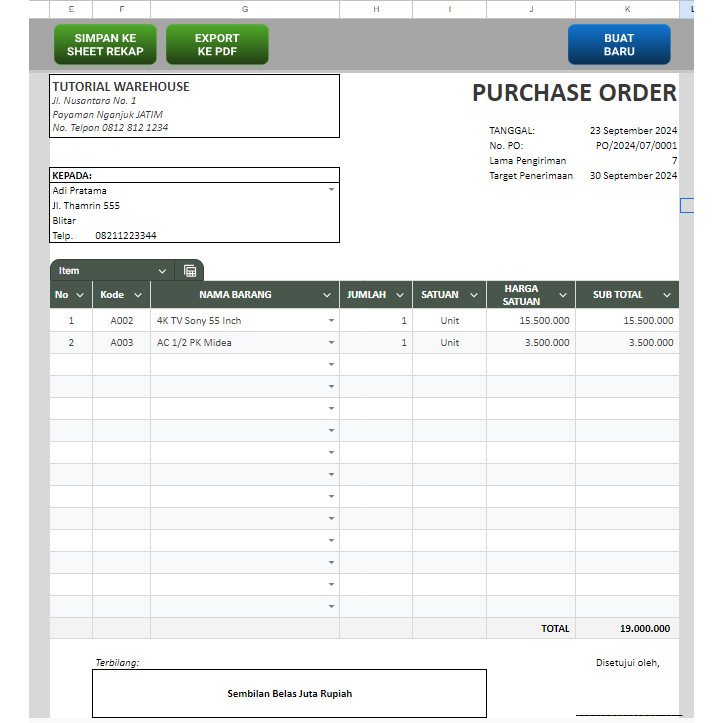 Jual Template GSheets Purchase Order (PO) Otomatis Simpan ke Arsip ...