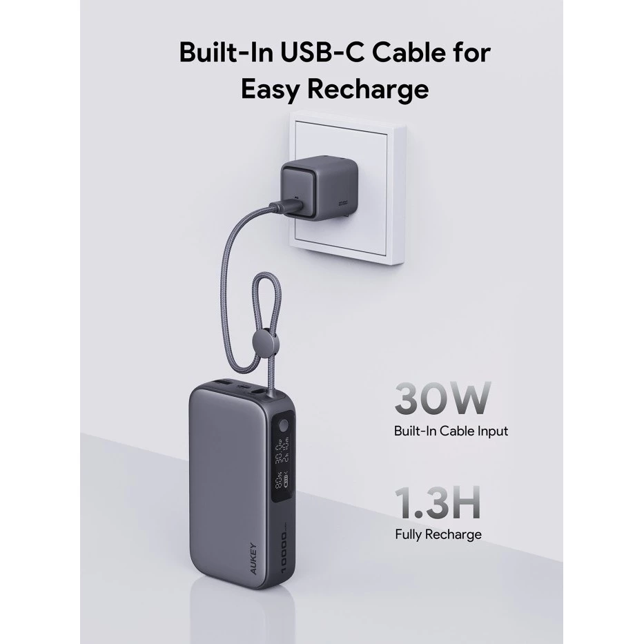 AUKEY Powerbank 10000mAh 30W Built In Cable Fast Charging Spark Sling Series PB-Y47
