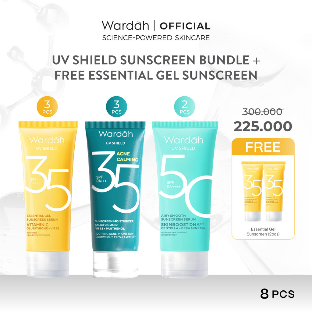 [Paket Usaha 300K GET 10 Pcs Sunscreen!] Wardah Paket UV Shield Sunscreen - 3 pcs Acne Calming SPF 35 PA+++ 35 ml, 3 pcs Essential Gel SPF 35 PA+++ 40 ml, 2 pcs Airy Smooth SPF 50 PA++++ 25 ml FREE 2 pcs Essential Gel SPF 35 PA+++ 40 ml