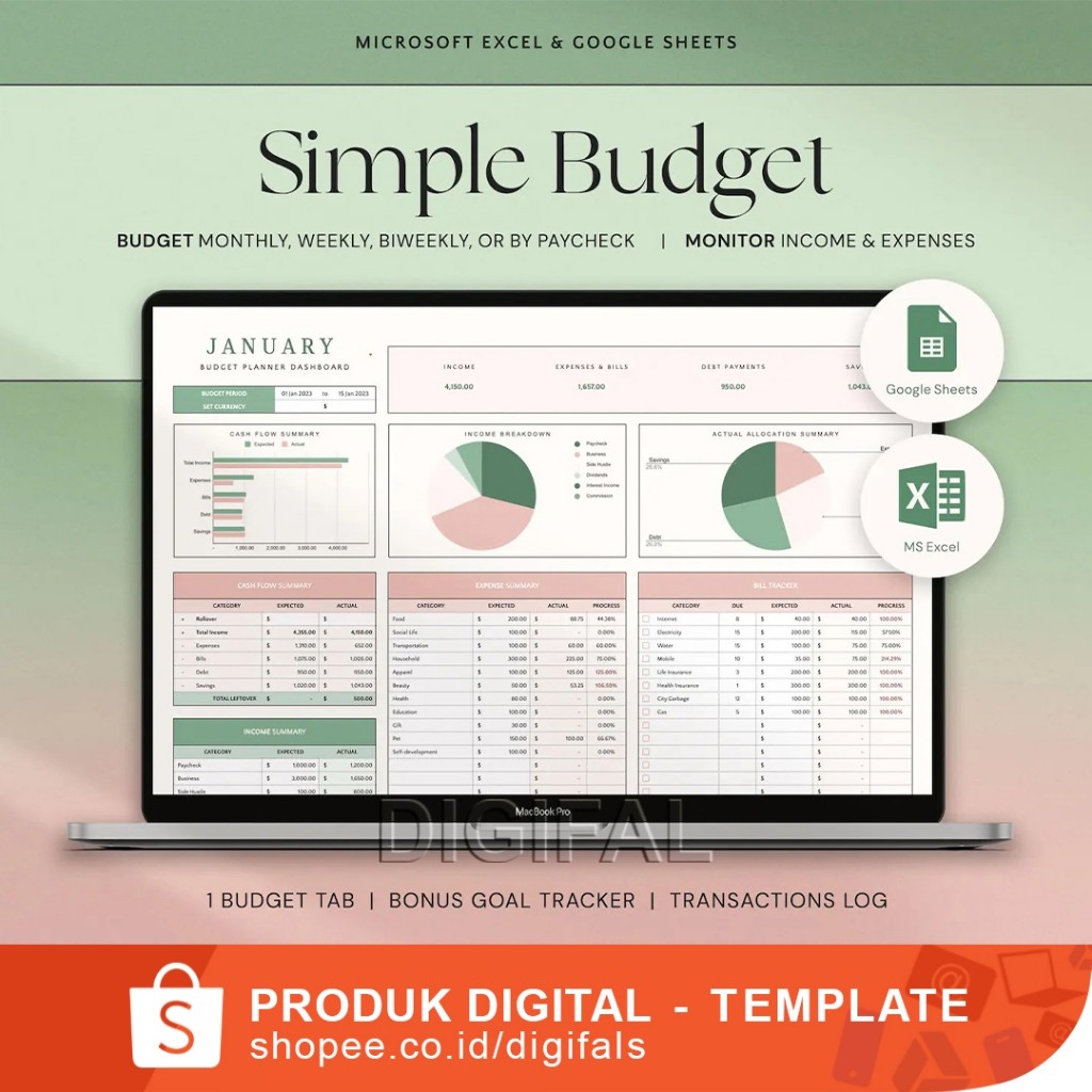 Jual Budget Planner, Budget Spreadsheet Excel, Budget Template, Googie ...