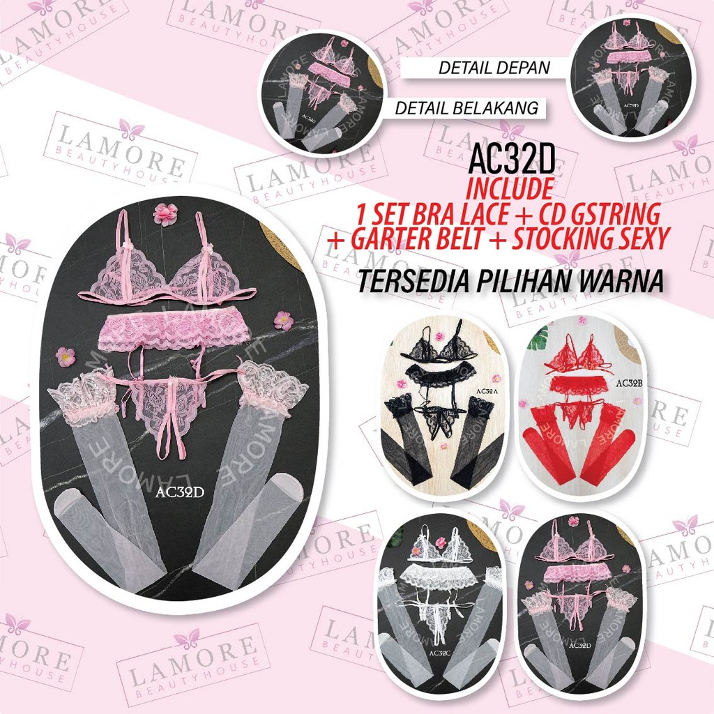 Jual Garter Belt + Bra Set Cd G String + Stocking Lace Soft Pink Ac32D