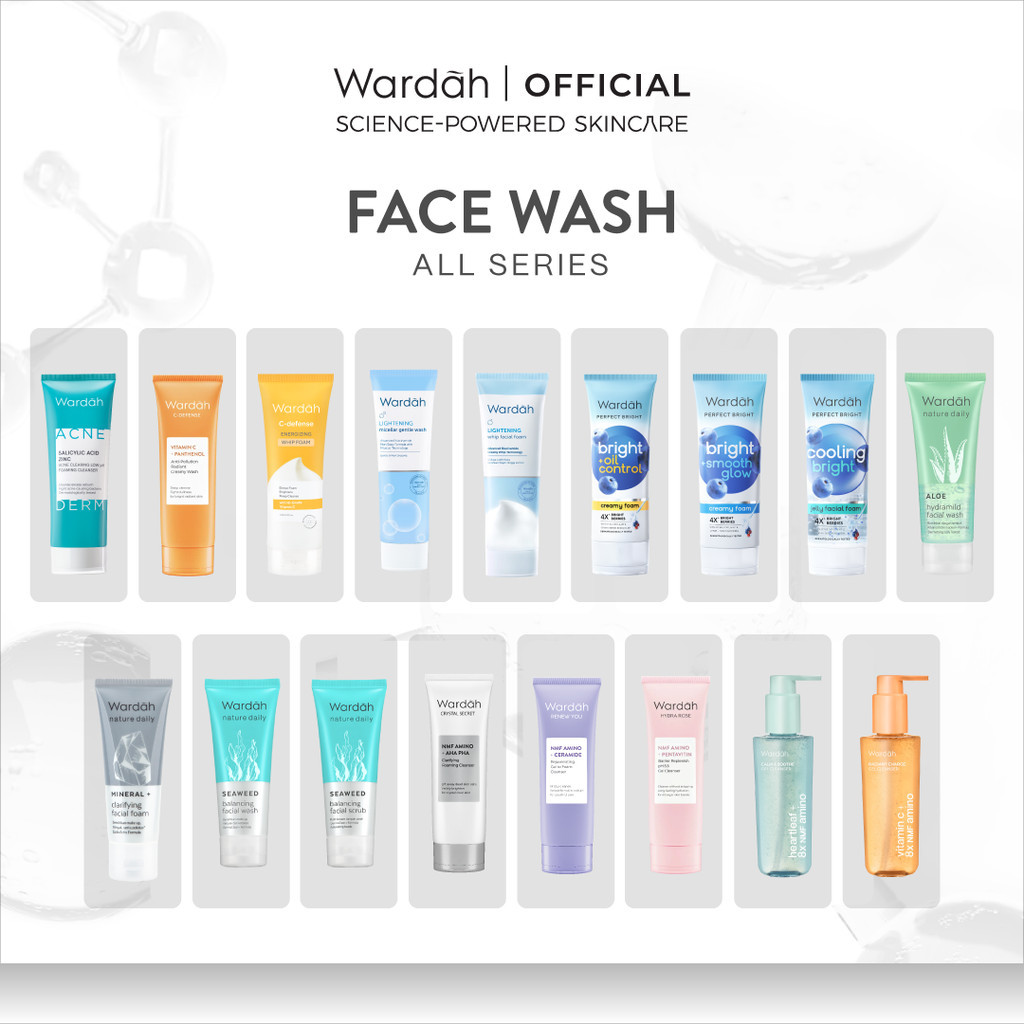 Wardah Face Wash All Series - Acnederm, C-Defense, Lightening, Perfect Bright, Nature Daily, Crystal Secret, Renew You, Hydra Rose, NMF Amino Gel Cleanser