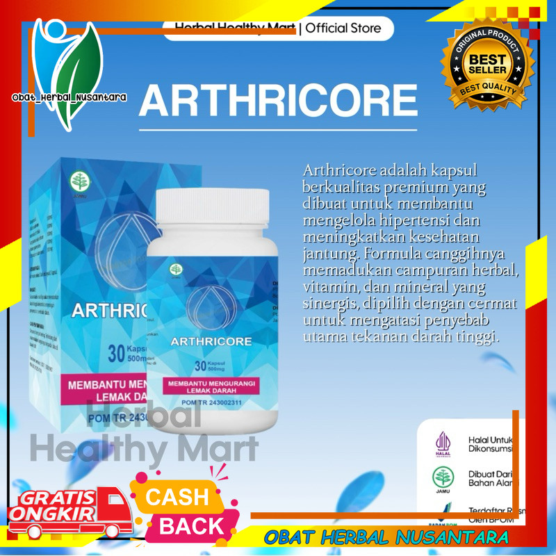 Arthricore Asli Original Obat Herbal Ampuh Mengatasi Hipertensi, Kolesterol Dan Darah Tinggi Aman Dan Sudah Bpom 1 botol isi 30 capsul
