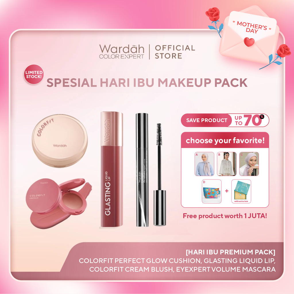 [BUNDLE] WARDAH Paket Makeup - Colorfit Perfect Glow Cushion, Glasting Liquid Lip, Colorfit Cream Blush, Eyexpert Volume Mascara, & Box - Makeup