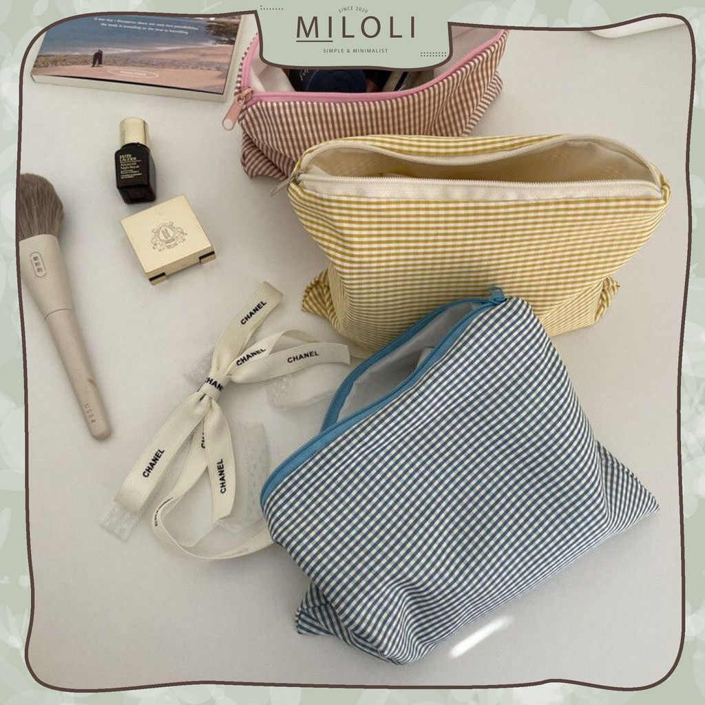 Jual [MILOLI] 1Pcs SOFT COTTON PLAID Pouch Cosmetic Bags Make Up Zipper ...