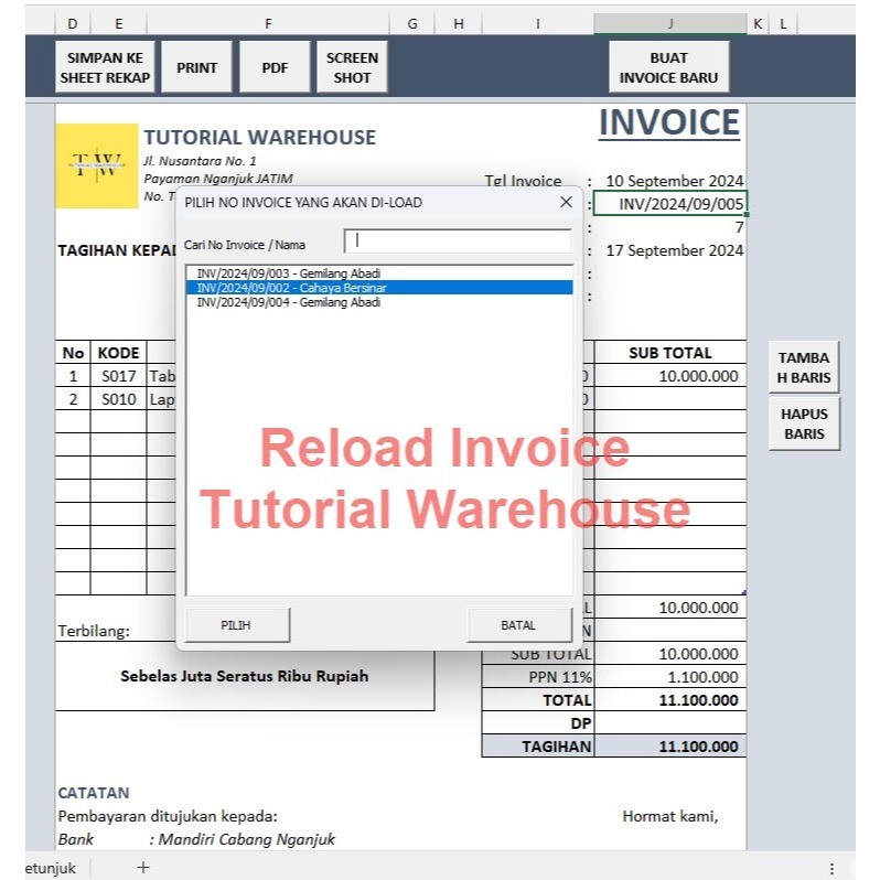 Jual Template Excel Invoice Otomatis Simpan ke Arsip, Cetak PDF, Cetak ...