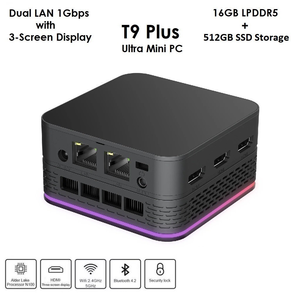 GROSIRUNIK99 T9 PLUS Ultra-Mini PC - Intel Alder Lake N100 - LPDDR5 16GB RAM SSD 512GB ROM