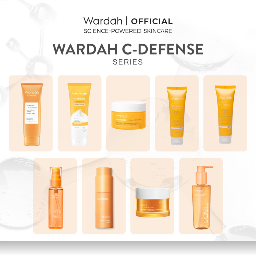 Wardah C-Defense Vitamin C All Series Lengkap - Panthenol Anti-Pollution Radiant Creamy Wash, Energizing Whip Foam, Mousse Moisturizer, DD Cream Light/Natural, Face Mist, 10% Ferulic Acid Radiant Charge Serum