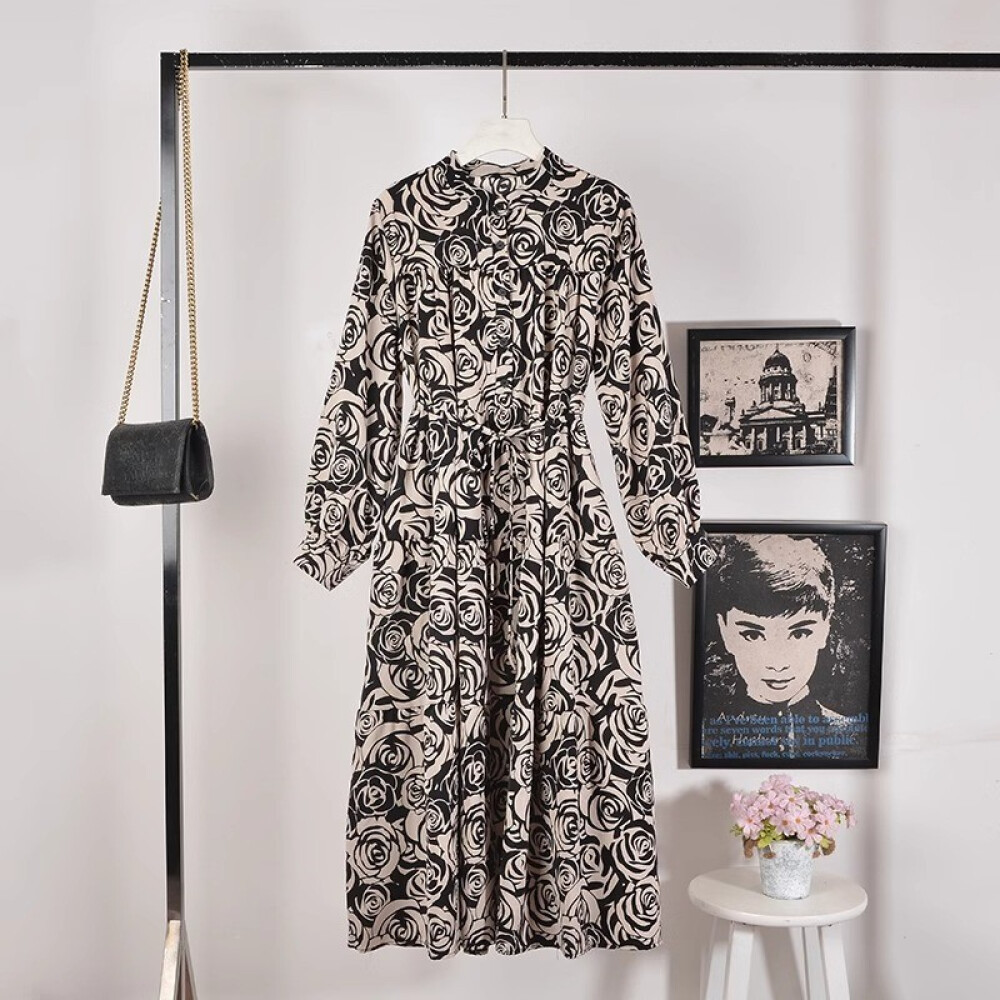 Jual FADFAD Gaun Cetak Retro Kerah Berdiri Rok Panjang Bermotif Lengan ...