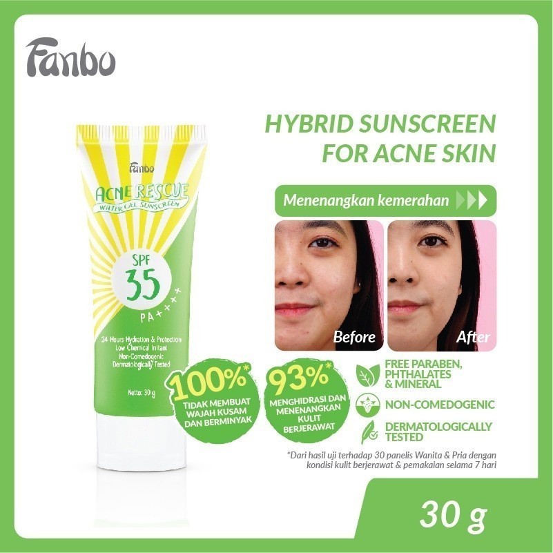 Jual Fanbo Acne Rescue Water Gel Sunscreen SPF 35 PA++++ 30gr | Merah ...