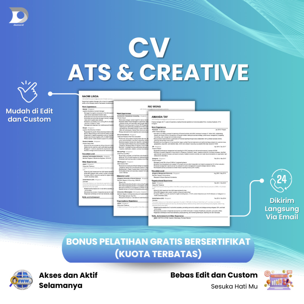 Jual DSAREA Template CV ATS Friendly Kreatif Lamaran Kerja Menarik