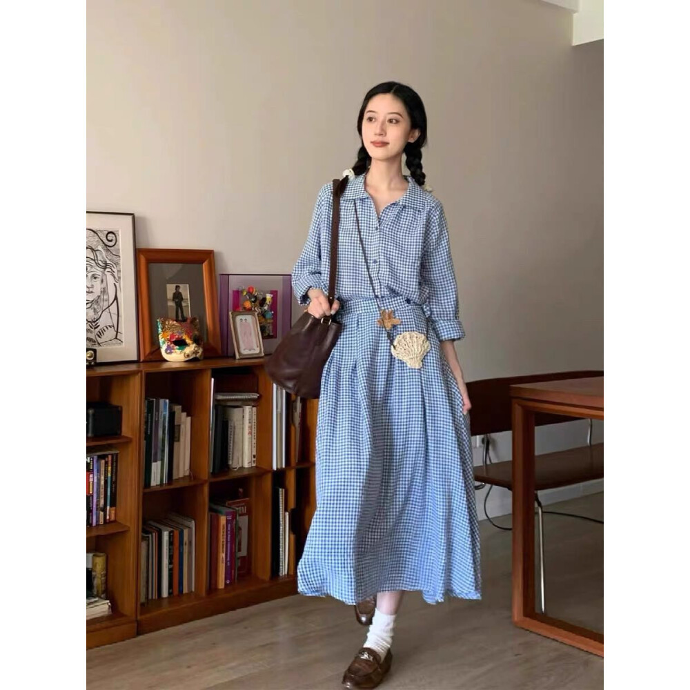 Jual FADFAD Gaun panjang desain Kemeja Kotak-kotak Biru Gaya Korea Baru ...