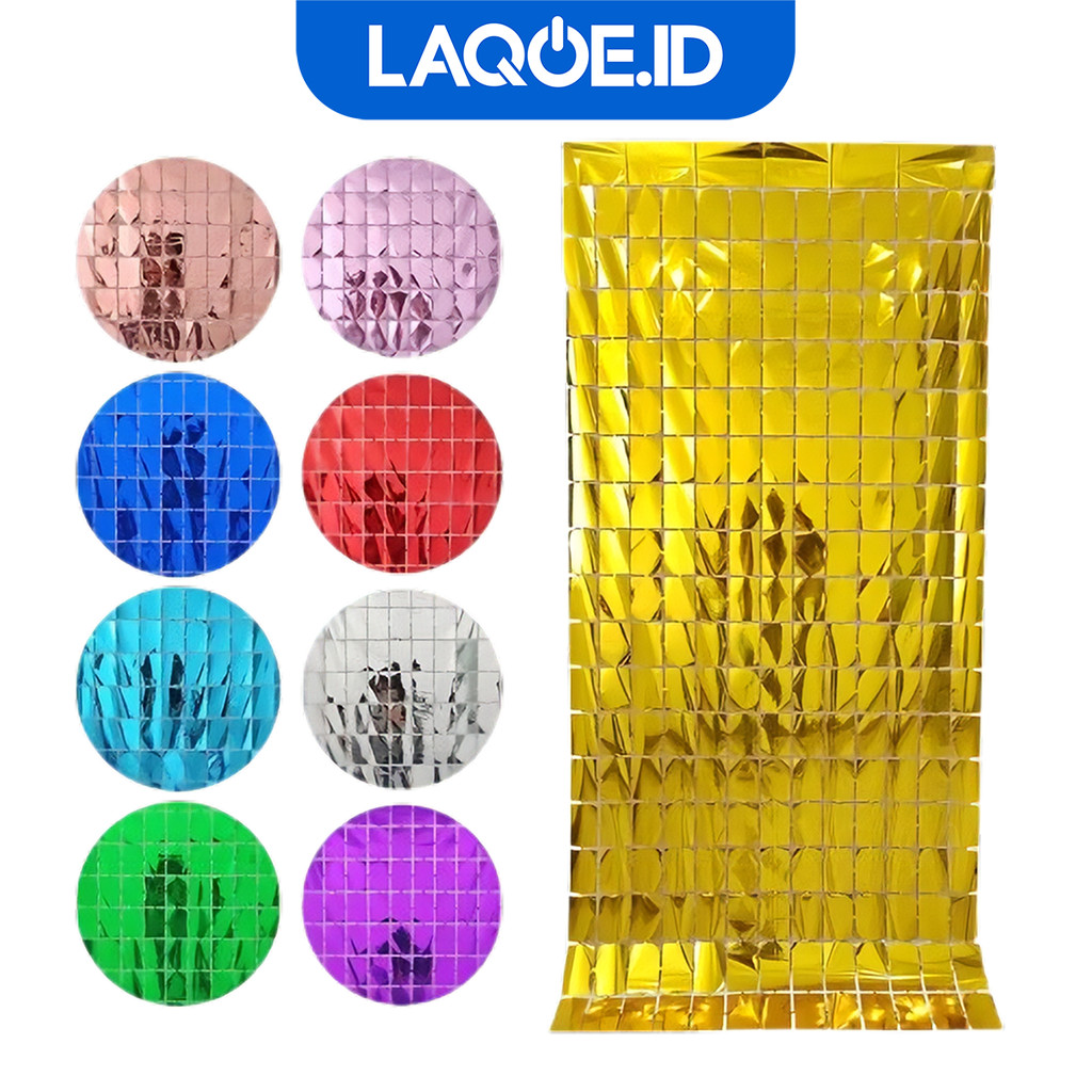 Tirai Foil Kotak Metalik 1x2 Meter Dekorasi Ulang Tahun Backdrop Party Square Rumbai Curtain D5003
