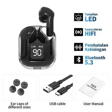 HK3 Earphone Bluetooth Nirkabel Transparan Layar Sentuh Cerdas LED Daya Latensi Rendah Stereo