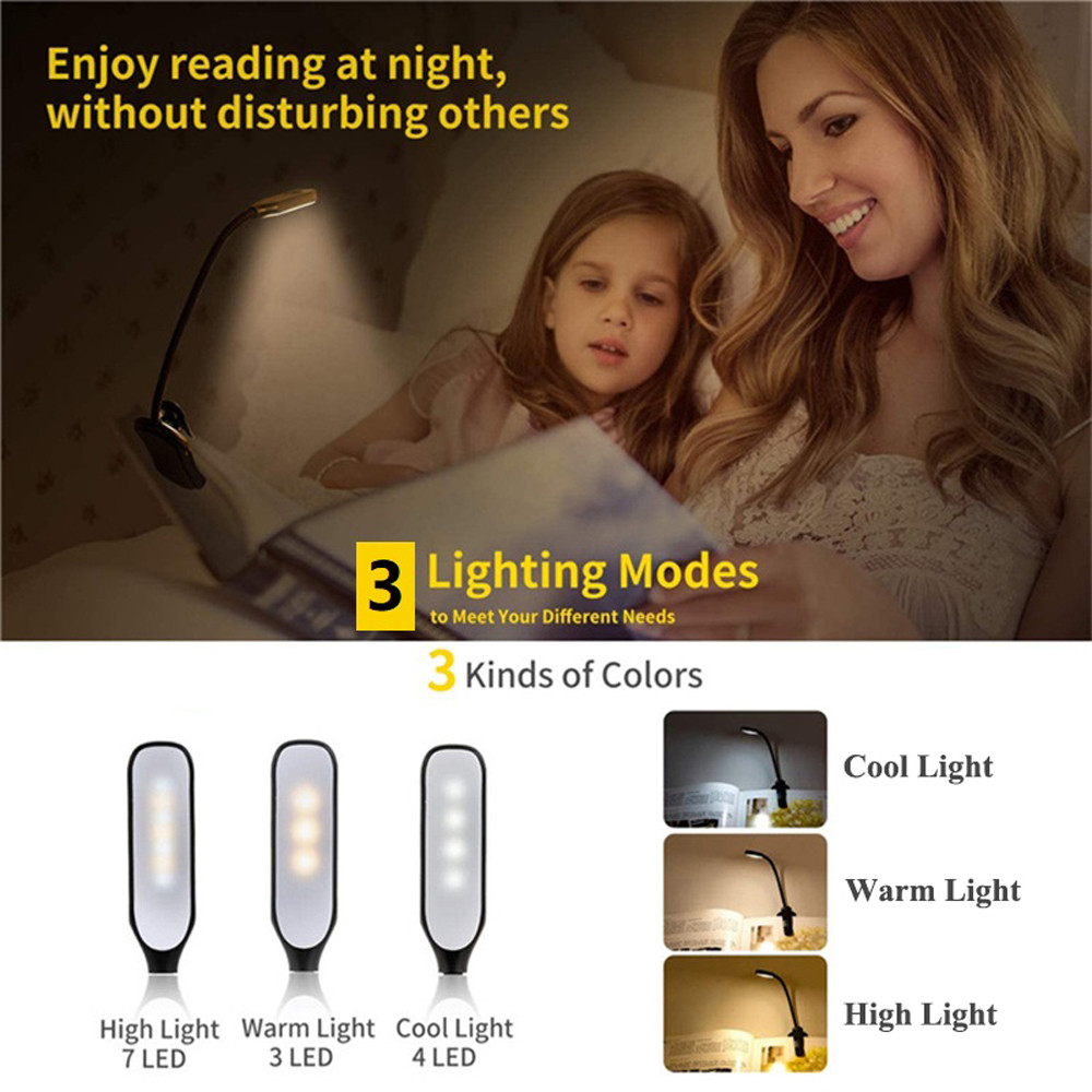 Jual Book Light Mini 7 LED Reading Light Rechargeable 3-Level Warm Cool ...