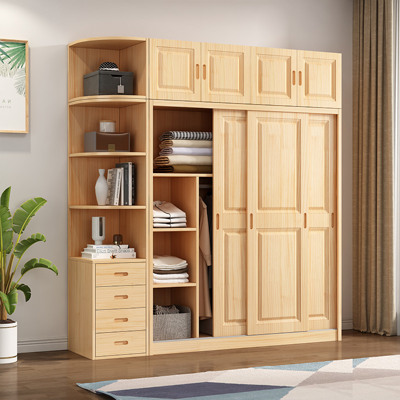 Jual All solid wood pine sliding door wardrobe modern log children's ...