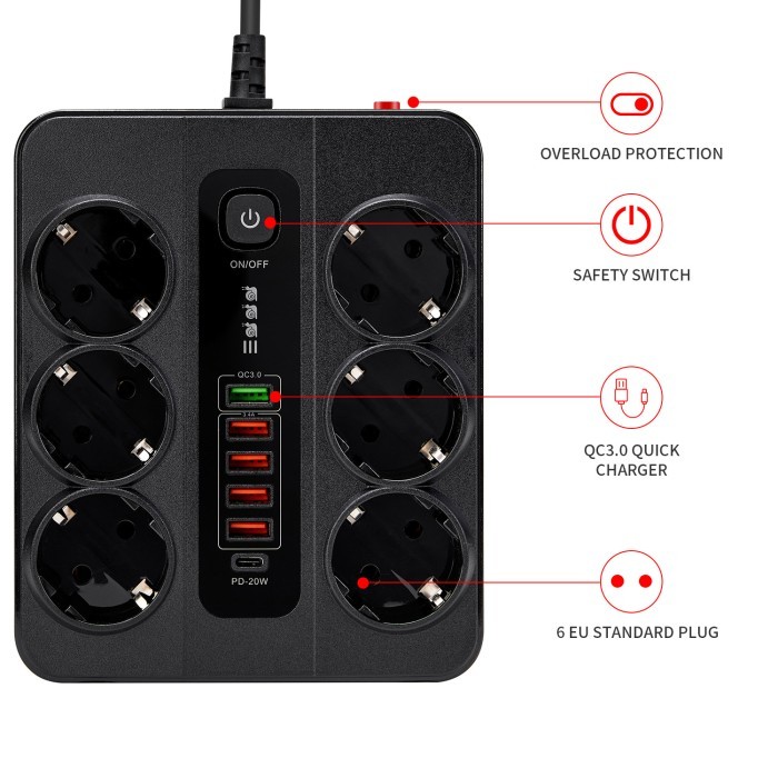 Jual BUZZ Power Strip Stop Kontak Colokan Listrik 6 Plug EU USB 250V ...