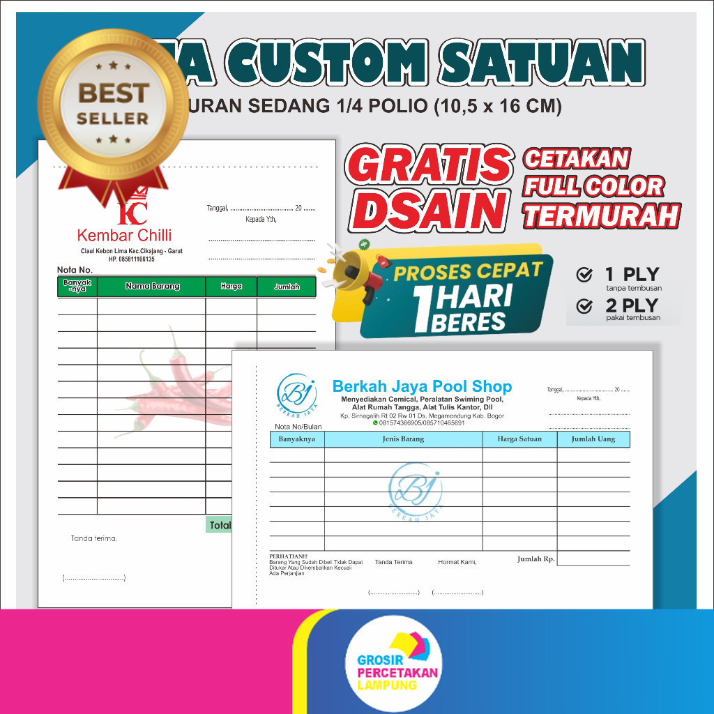 Jual CETAK NOTA CUSTOM 2 PLY NAMA SENDIRI UKURAN SEDANG ¼ POLIO Nota ...