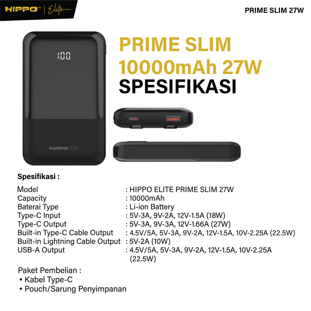Hippo Elite PowerBank Prime Slim PD 27W 10000mah Super Slim 1.3cm Super Fast Charging