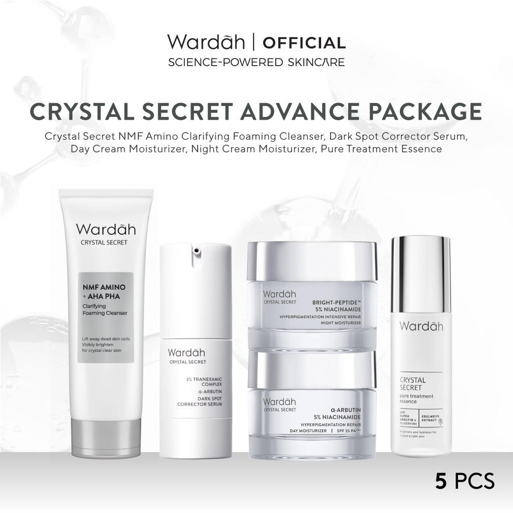 Wardah Crystal Secret Package (Cleanser, Essence, Toner, Serum, Day Cream, Night Cream)