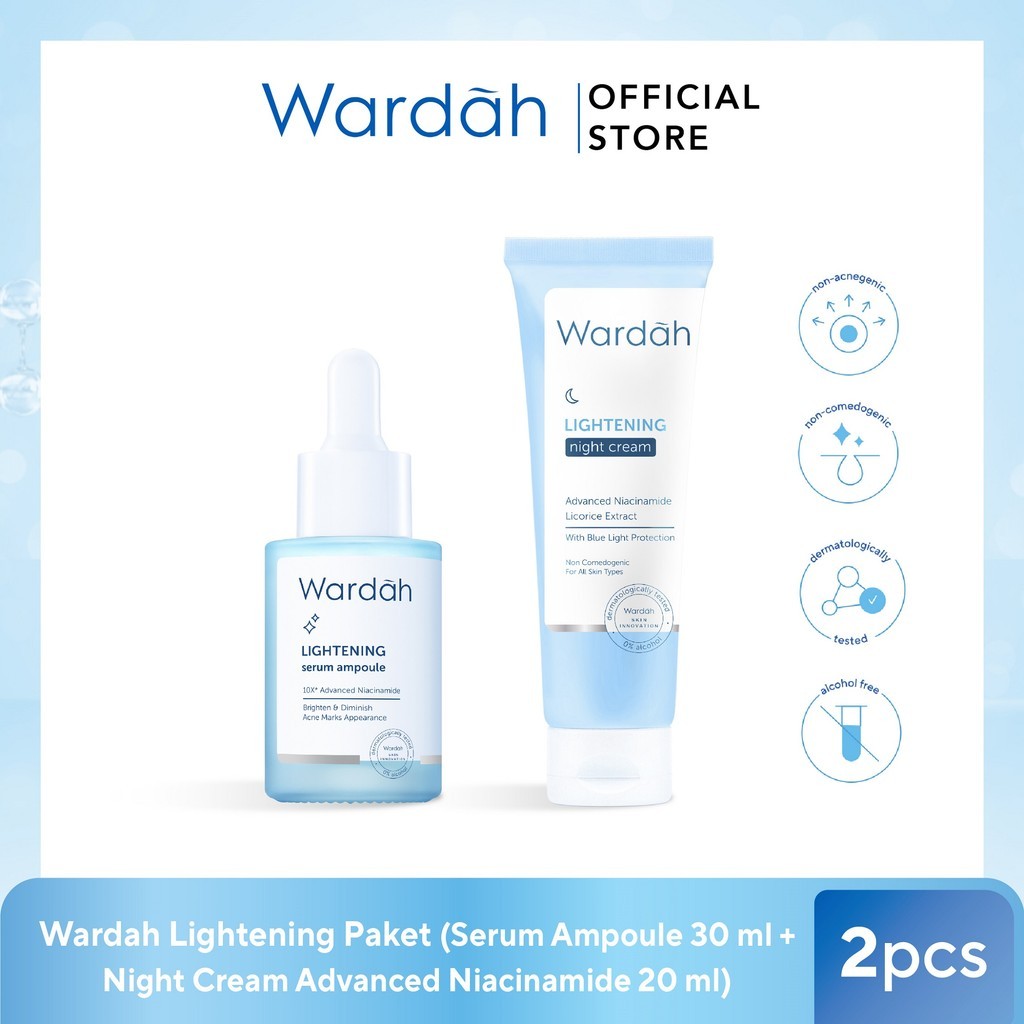 Wardah Lightening Paket (Serum Ampoule 30 ml + Night Cream Advanced Niacinamide 20 ml) - Dengan Advanced Niacinamine - Glowing Mencerahkan dan Menyamarkan Noda Jerawat