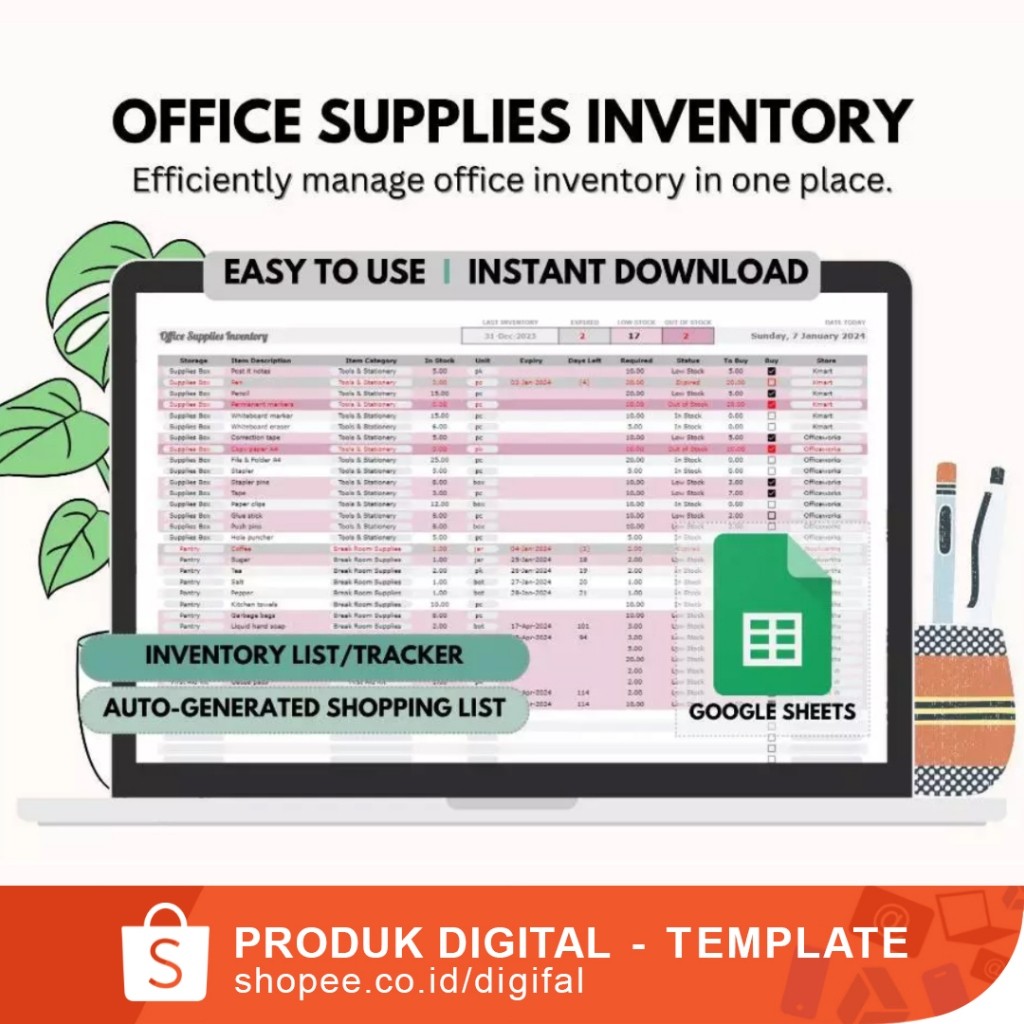Office Supplies Inventory and Shopping List GoogIe Spreadsheet