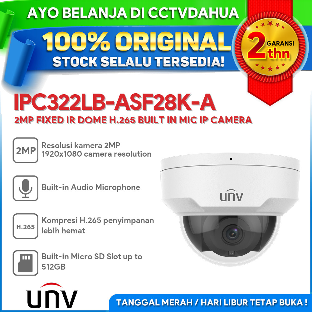 Jual UNV IPC322LB-ASF28K-A 2MP FIXED IR DOME H.265 BUILT IN MIC IP ...