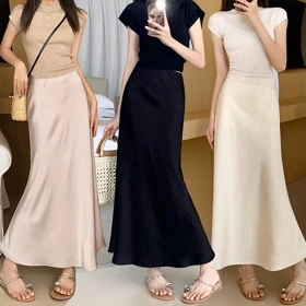 Rok Panjang Satin Seksi Kain Rayon Pinggang Tinggi Bentuk Ekor Ikan Dipasang Gaya Vintage Musim