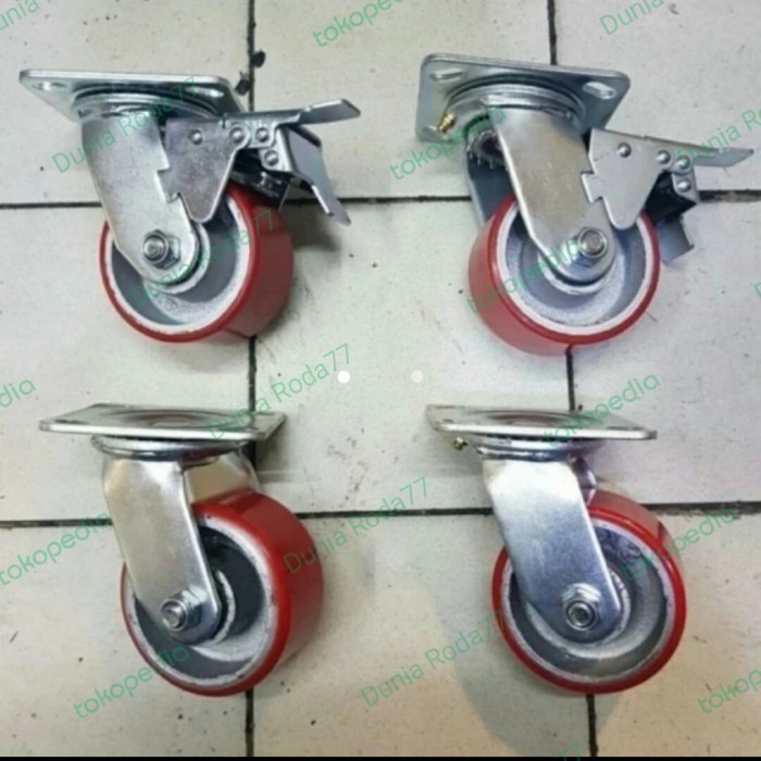 Jual Roda Pu Heavy Duty 4 inch 1 set (2rem+2hudup) | Shopee Indonesia