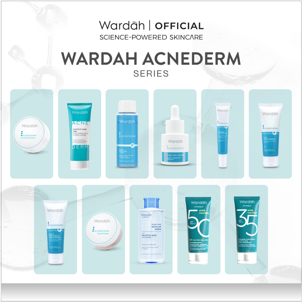 Wardah Acnederm Acne Care All Series Lengkap -  Pore Blackhead Balm, Salicylic Acid Zinc Acne Clearing Low pH Foaming Cleanser, Pore Refining Toner, Serum, Treatment Gel, Day Moisturizer, Night Treatment Moisturizer, Face Powder, Micellar Water, UV Shield