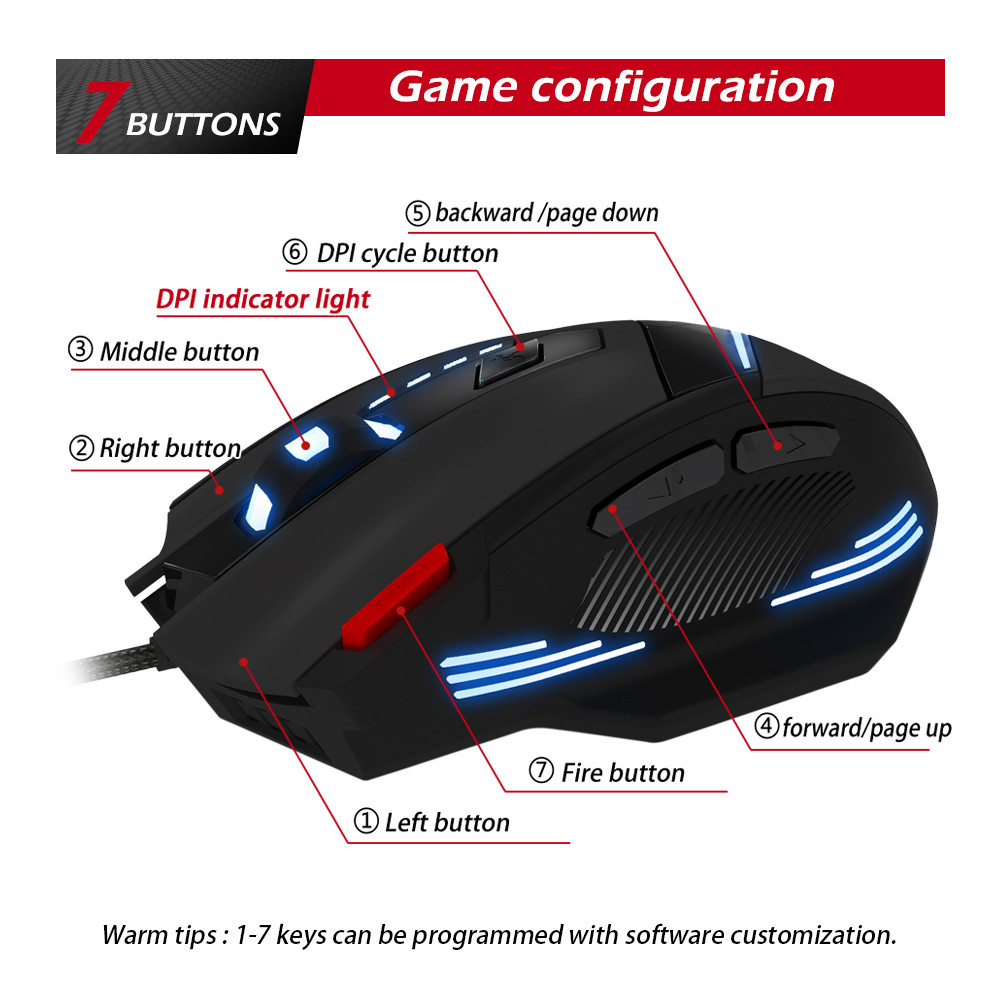 Jual Zelotes T60 Wired Gaming Macro Mouse 7200 DPI Wired USB 7 Buttons ...