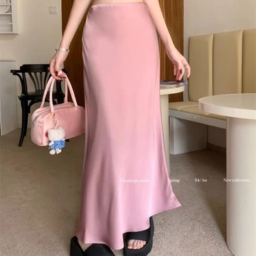 Rok Panjang Satin Seksi Kain Rayon Pinggang Tinggi Bentuk Ekor Ikan Dipasang Gaya Vintage Musim