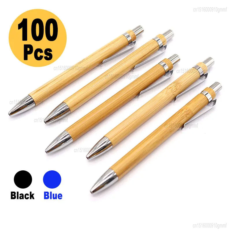 Jual 100pcs Set Bamboo Wood Ballpoint Pen 1.0mm Tip Blue Black Ink 