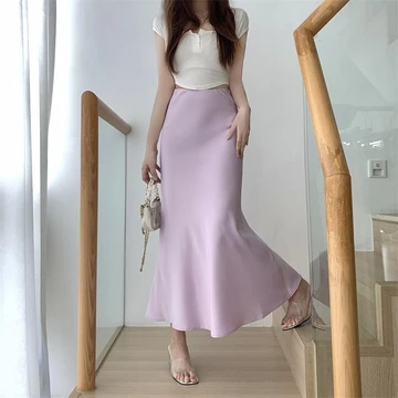 Rok Panjang Satin Seksi Kain Rayon Pinggang Tinggi Bentuk Ekor Ikan Dipasang Gaya Vintage Musim