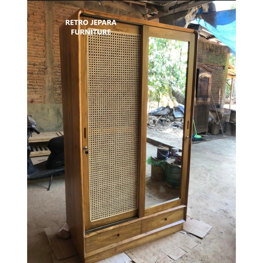 Jual Lemari Pakaian Retro Minimalis Kayu Jati Pintu 2 Cermin Almari
