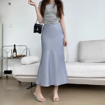 Rok Panjang Satin Seksi Kain Rayon Pinggang Tinggi Bentuk Ekor Ikan Dipasang Gaya Vintage Musim