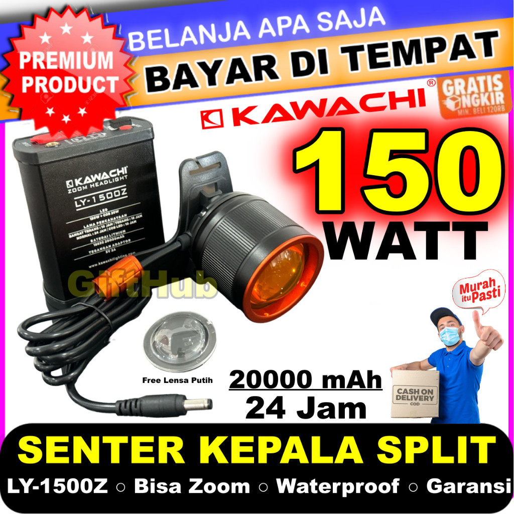 Jual Kawachi Senter Kepala Split Type 150w 150 Watt LED Super Terang LY ...
