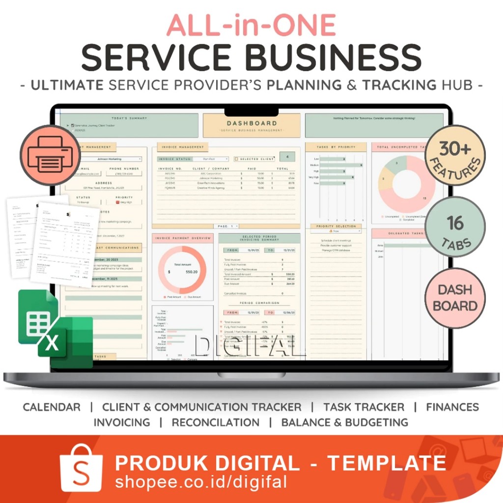 Pencatatan Keuangan untuk Bidang Jasa Lengkap, All-in-One CRM & Bookkeeping Template: Task, Invoice Tracker, Client Management, & Financial Planner for Small Businesses / Entrepreneurs