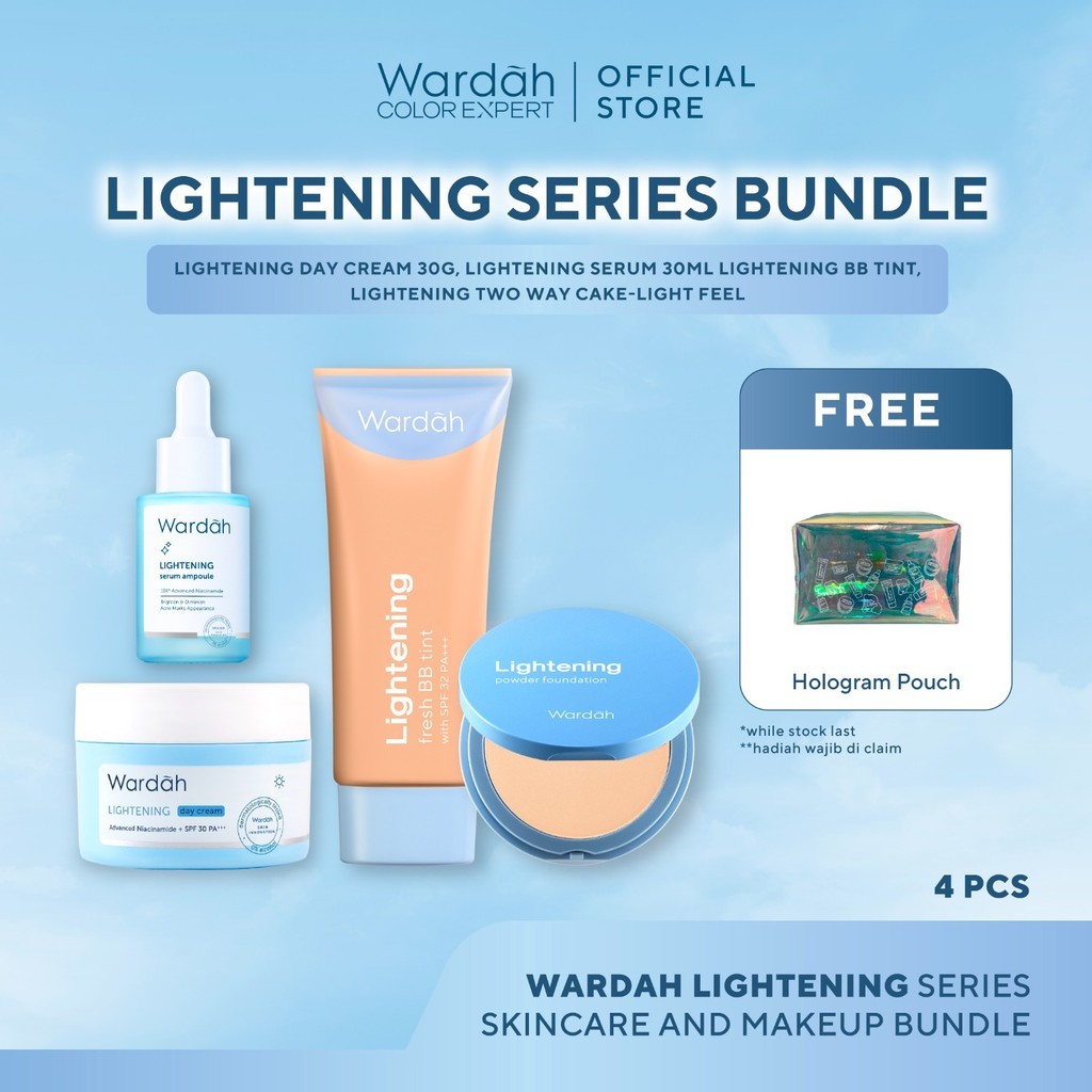Wardah [4 pcs] Paket Lightening Series Skincare dan Makeup - Wardah Lightening Day Cream Advanced Niacinamide 30 g, Wardah Lightening Serum Ampoule 30 ml, Wardah Lightening Fresh BB Tint, Wardah Lightening Powder Foundation Light Feel