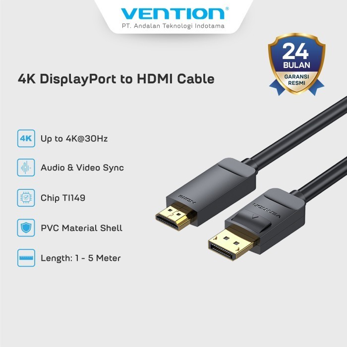 Jual Vention Kabel Display Port DP to HDMI 4K 30Hz 1M 1.5M 2M 3M 5M ...