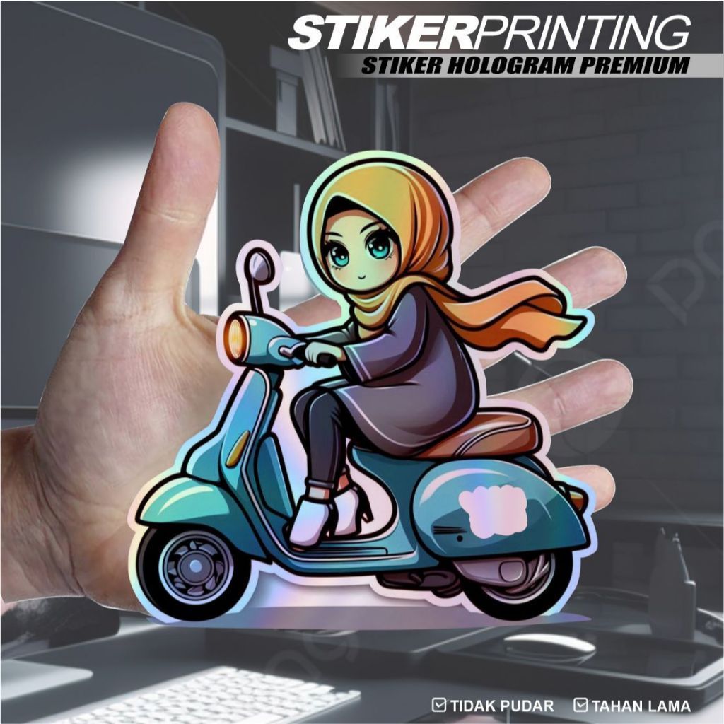 Jual Sticker Printing Hologram Anime Cewe Hijab Naik Motor, Sticker ...