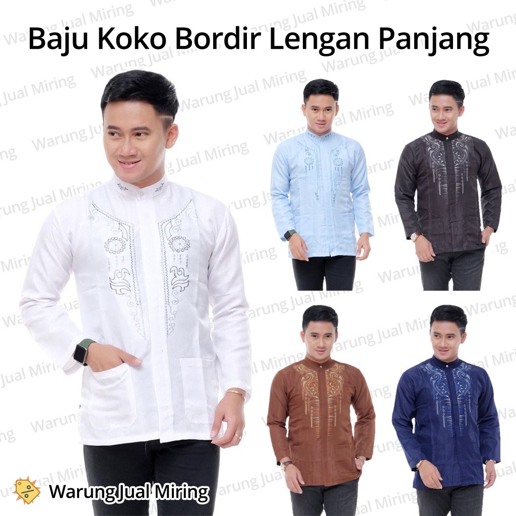 Baju Koko Lengan Panjang Bordir Klasik Kemeja Formal Kantong Dobby Kokoh Tangan Adem Dewasa Pria Laki Busana Atasan Muslim Lebaran Kurta Qurta Takwa Taqwa Tebal Murah Polos Warna Soft Putih Biru Hijau Coklat Cowok Cowo XL XXL Jumbo Hitam Jodoh Sarung Peci