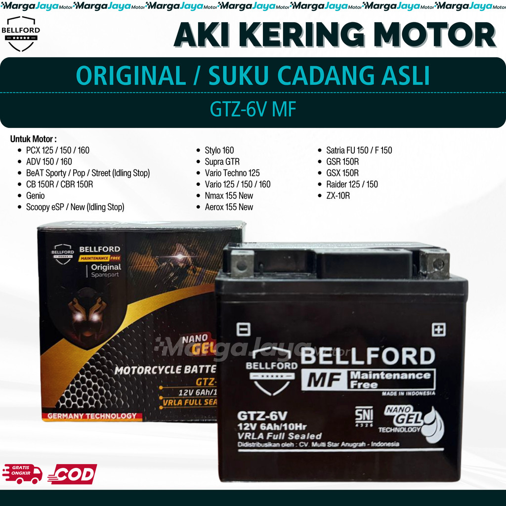 Aki Kering Motor BELLFORD GTZ-6V Vario 125 150 PCX ADV 150 160 Genio Stylo CB 150R CBR 150R