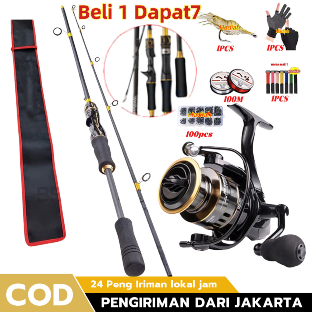 Beli 1 Dapat 7 - Pancing Set Combo Joran Reel - Carbon Ultralight M Power - Reel Metal 15Kg Drag - Set Lengkap siap Pakai - Ukuran Multi 1.65-2.4m - Hemat & Berkualitas