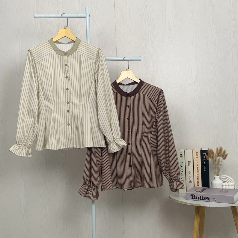 Jual CHICMORE Kemeja Wanita Bergaris Kerut Pinggang Elegan | Blouse ...