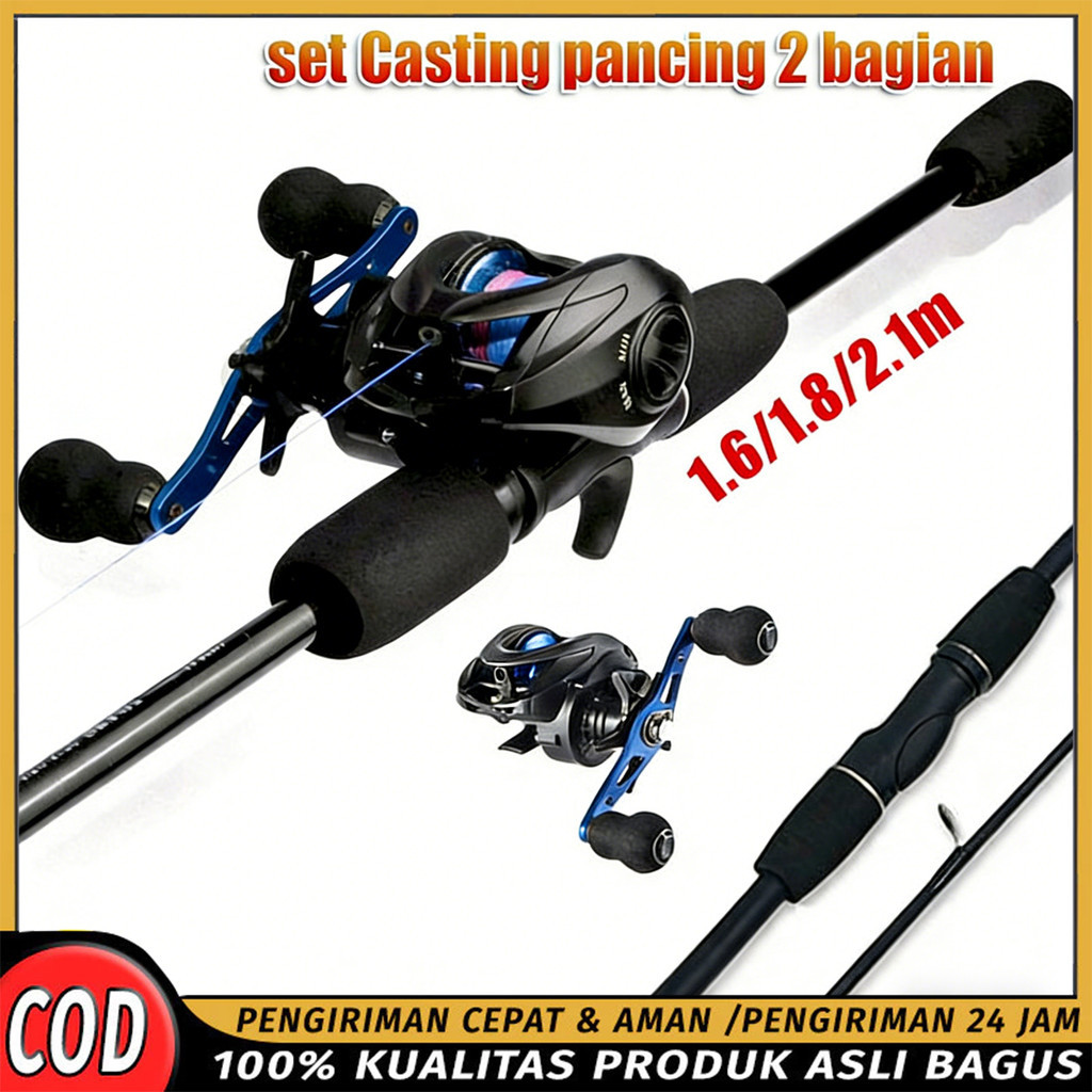 Pancing 1 Set Lengkap Kuat Tongkat & Gulungan Pancing 1.8m 2.1m 2 Bagian Casting Spinning Rod & Ree