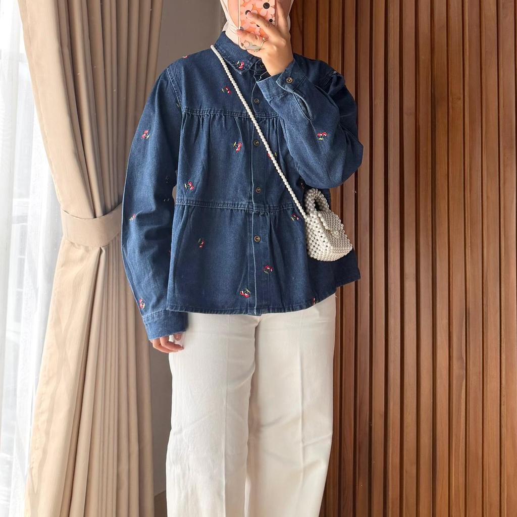 Jual CHERRY SHIRT DENIM RUFFLE EMBROIDERY | Shopee Indonesia