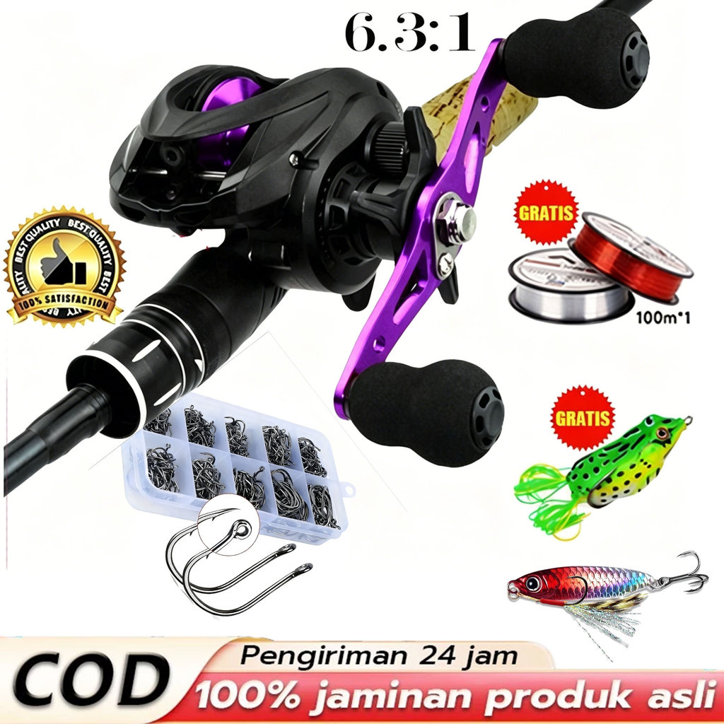 Set Joran BC 5in1 Carbon Hollow 15kg Max Drag Joran Pancing BC Full Set Reel Baitcasting 7.2:1