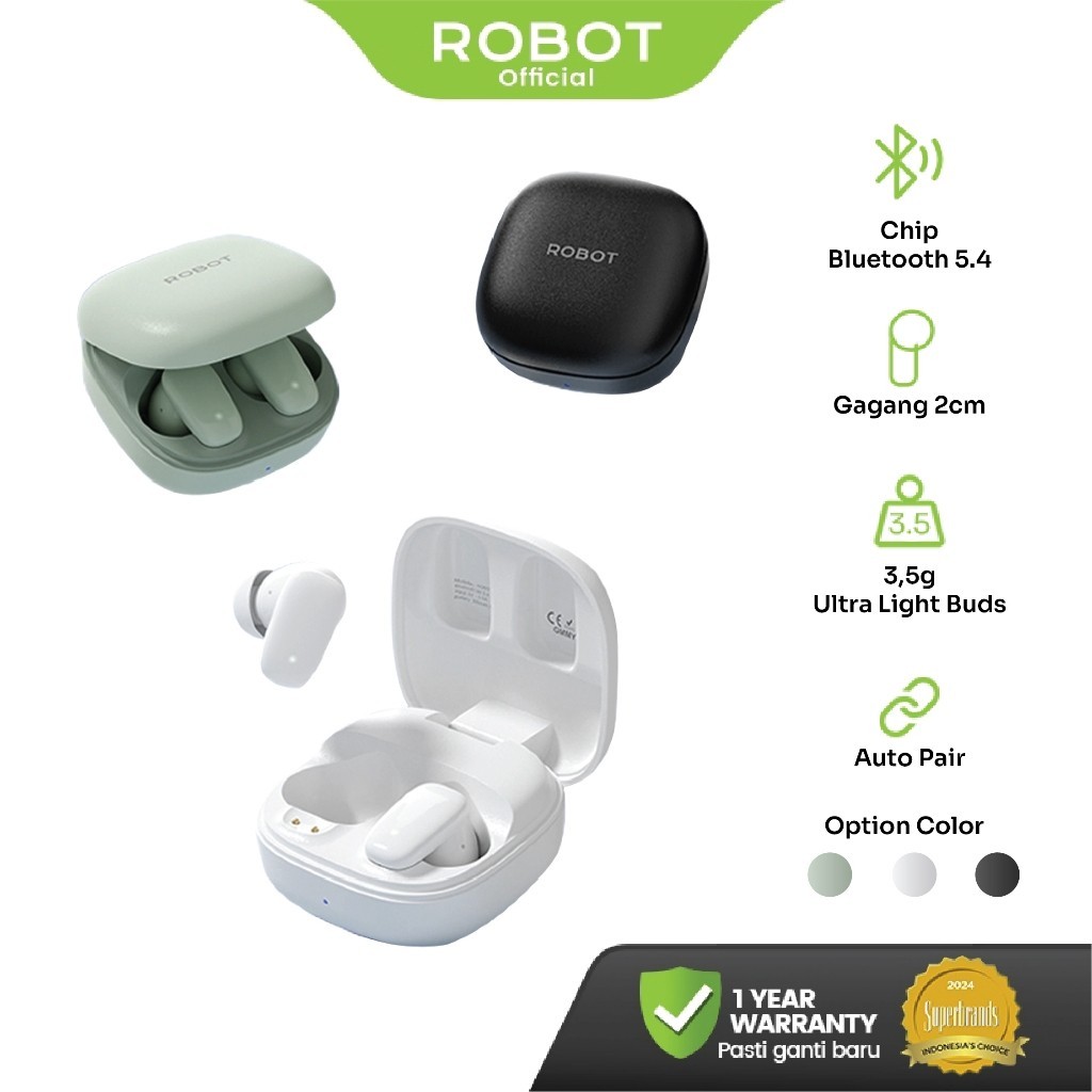ROBOT TWS Bluetooth Earbuds Mini 2cm Compact Ultra Bass 13mm Low Latency Gaming Mode 37 Jam Baterai Transmisi Cepat 5.4 Nova T2