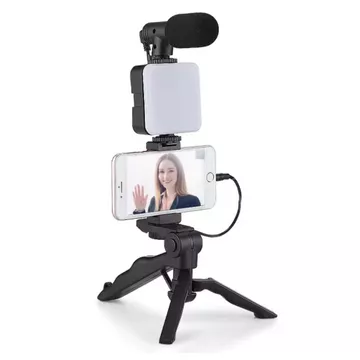 Tripod Vlogging HP Mini Dengan Microphone Dan LED Light Stand Smartphone Untuk Live Streaming